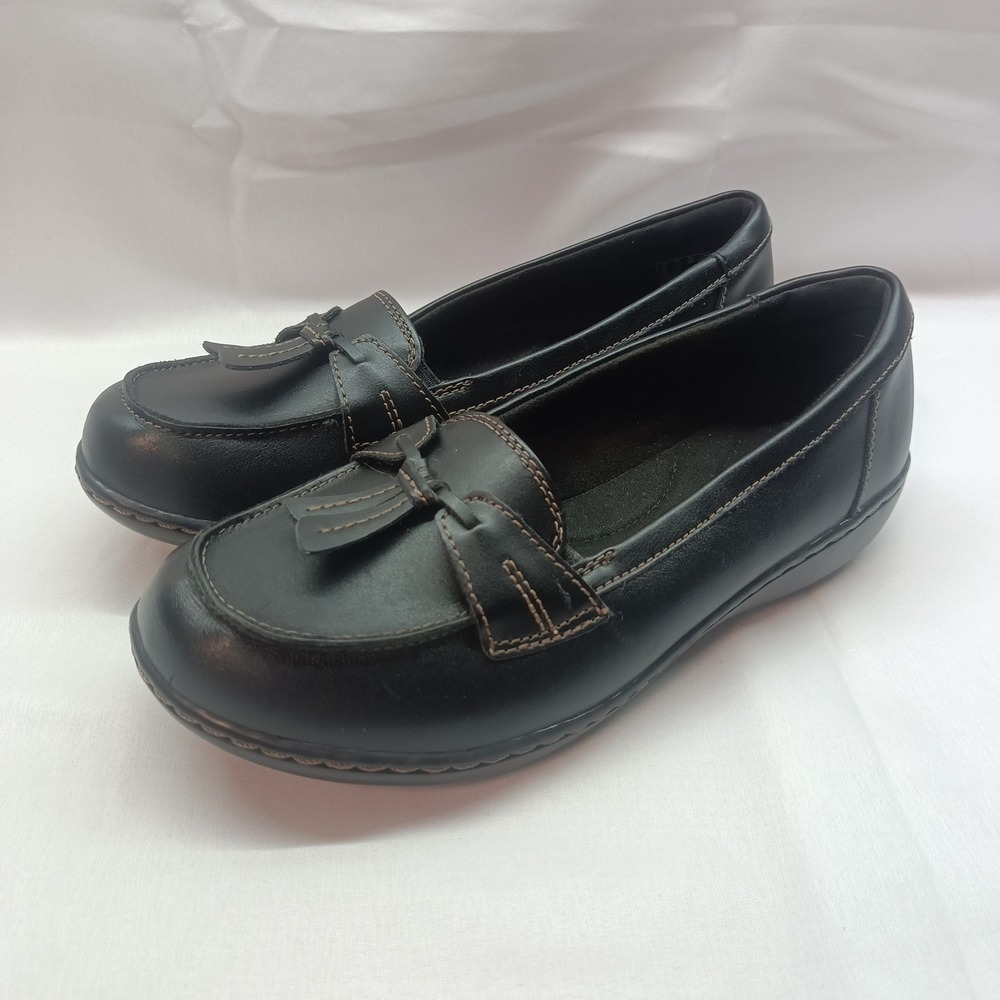 Clarks Collection Womens 7.5 XW Black Leather Tassel‎ Loafers Dress Shoes Casual